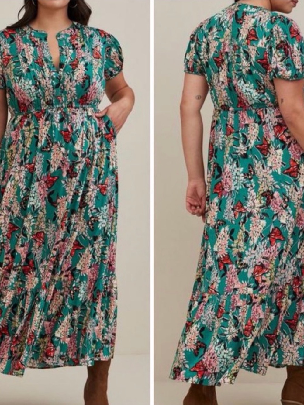 Torrid Teal Floral Butterfly Maxi Dress with Elastic Waist
